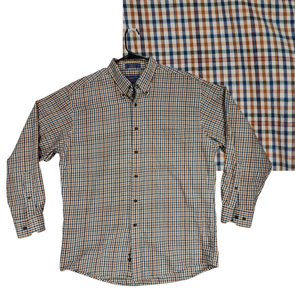 Pendleton Button Down Shirt L Men Canterbury Cloth Pima Merino Plaid Brown Blue - Picture 1 of 12
